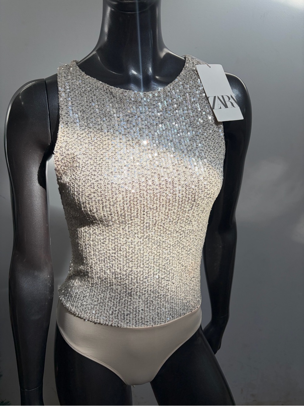 Zara Silver Sequin Body Suit Siver & Tan